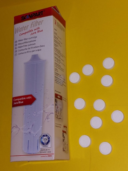 4 Wasserfilter Patronen kompatibel mit Jura steckbar ( blue ) und 10 Reinigungstabs